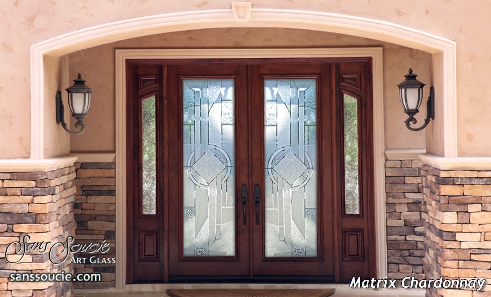 Matrix Chardonnay Semi-Private 3D Enhanced Effect Clear Glass Finish exterior front entry glass door pair abstract design sans soucie