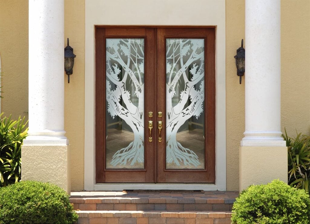 Oak Tree || Not Private 3D Effect Clear Glass Finish exterior front entry glass door pair tree design sans soucie