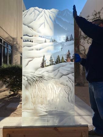 Partition featuring a Frosted Glass Landscapes Design Sandblast Etched Glass Pine Falls Design by Sans Soucie