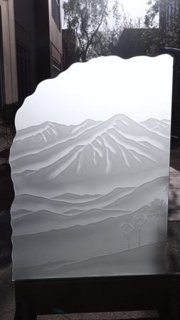 Partition featuring Frosted Glass Design Etched Glass by Sans Soucie Art Glass with Custom Desert Design San Jacinto Mountains