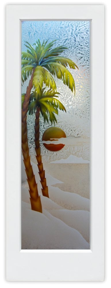 Palm Sunset Semi-Private 3D Enhanced Painted Gluechip Glass Finish Coastal Design Glass Pantry Door Interior Door Sans Soucie 
