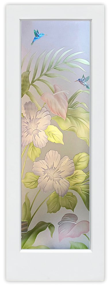Hibiscus Anthurium Private 
3D Enhanced Painted Frosted Glass Finish Tropical Coastal Design Glass Pantry Door Interior Door Sans Soucie