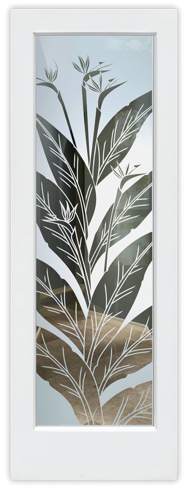 Birds of Paradise Semi-Private 
1D Negative Frosted Glass Finish Tropical Coastal Design Glass Pantry Door Interior Door Sans Soucie
