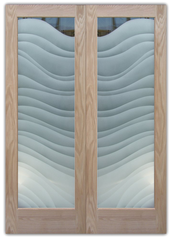 Dreamy Waves Semi-Private 2D Effect Clear Glass Finish Coastal Design Glass Pantry Door Pair Interior Door Sans Soucie 