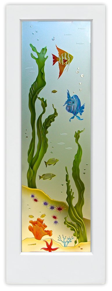 Aquarium Fish Private 3D Enhanced Painted Frosted Glass Finish Marine Life Coastal Design Glass Pantry Door Interior Door Sans Soucie
