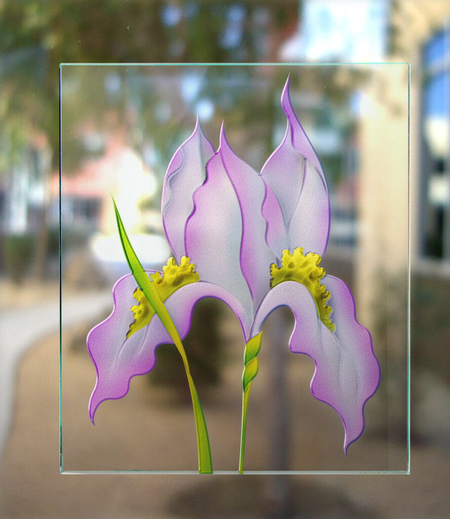 iris done in 3D enhanced painted effect on clear glass finish sans soucie 