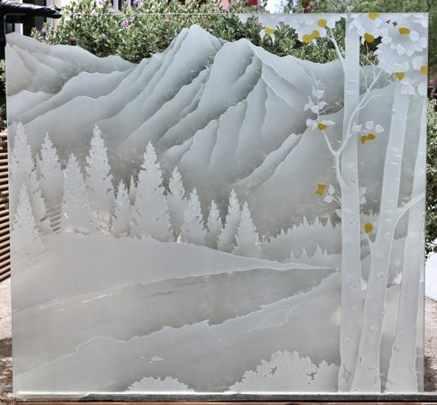 Partition featuring a Frosted Glass Landscapes Design Sandblast Etched Glass Birch in the Rockies Design by Sans Soucie