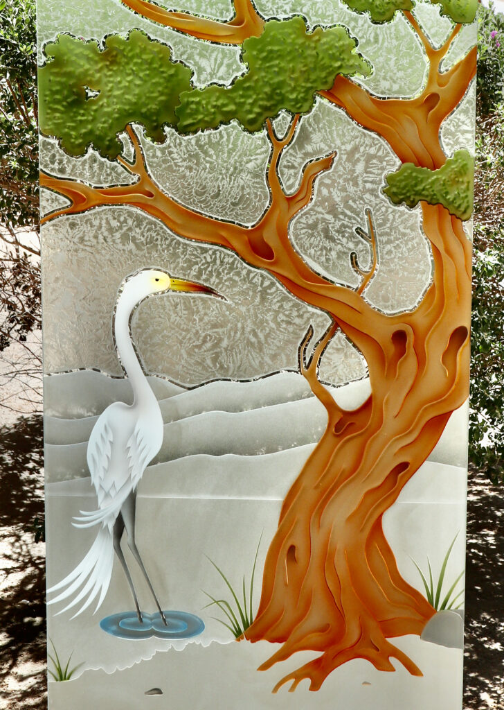 Hand-painted Bonsai glass partition panel with egret, carved tree, and nature-inspired frosted glass design