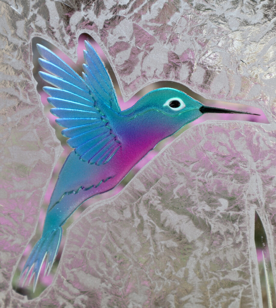 Iris Hummingbird 3D carved design up close.