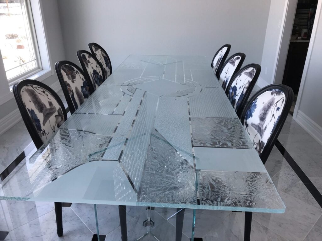Matrix Chardonnay Semi-Private 
3D Enhanced Ultra Clear Glass Finish Rectangle Dining Table Sans Soucie 