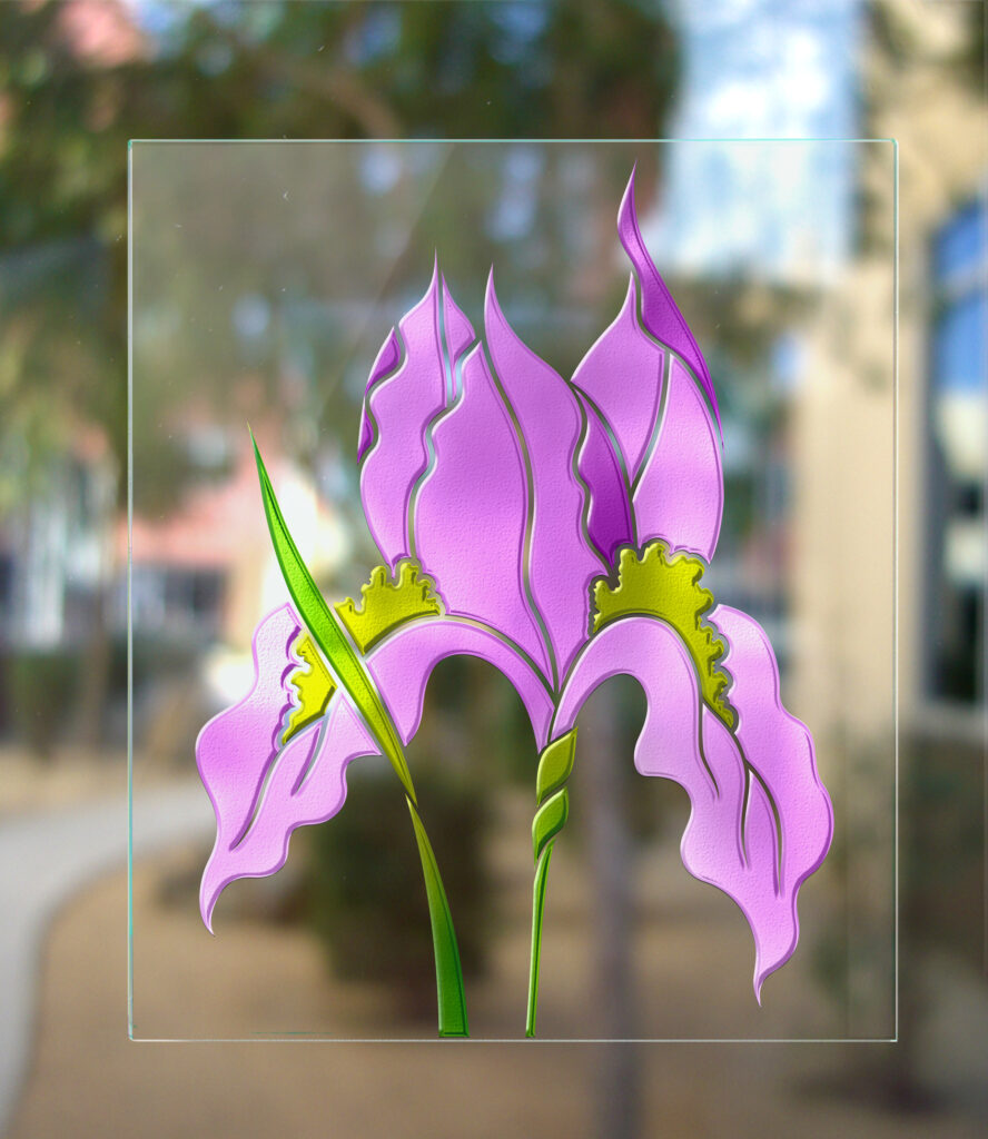 3D solid carved painted glass effect iris on clear glass finish background sans soucie 