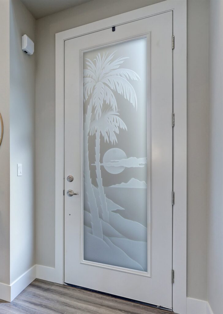 Palm Sunset Private 3D Enhanced 
Frosted Glass Finish Pantry Glass Door Interior Sans Soucie 