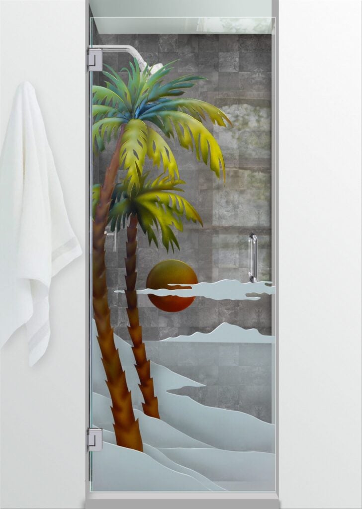 Palm Sunset Not Private 3D Enhanced Painted Clear Glass Finish frameless glass shower door coastal design tropical sans soucie 