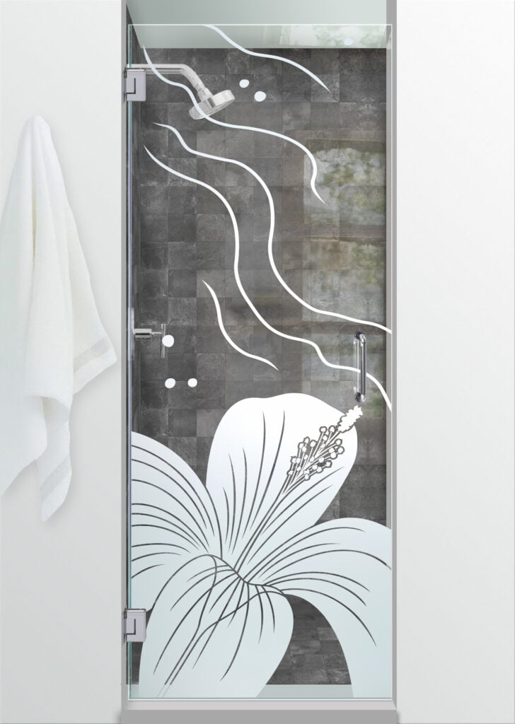 Hibiscus Ripples Not Private 1D Positive Clear Glass Finish frameless glass shower door coastal design tropical sans soucie 