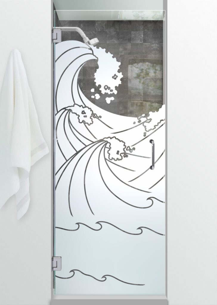 High Seas Not Private 1D Positive 
Clear Glass Finish frameless glass shower door coastal design wave pattern sans soucie 