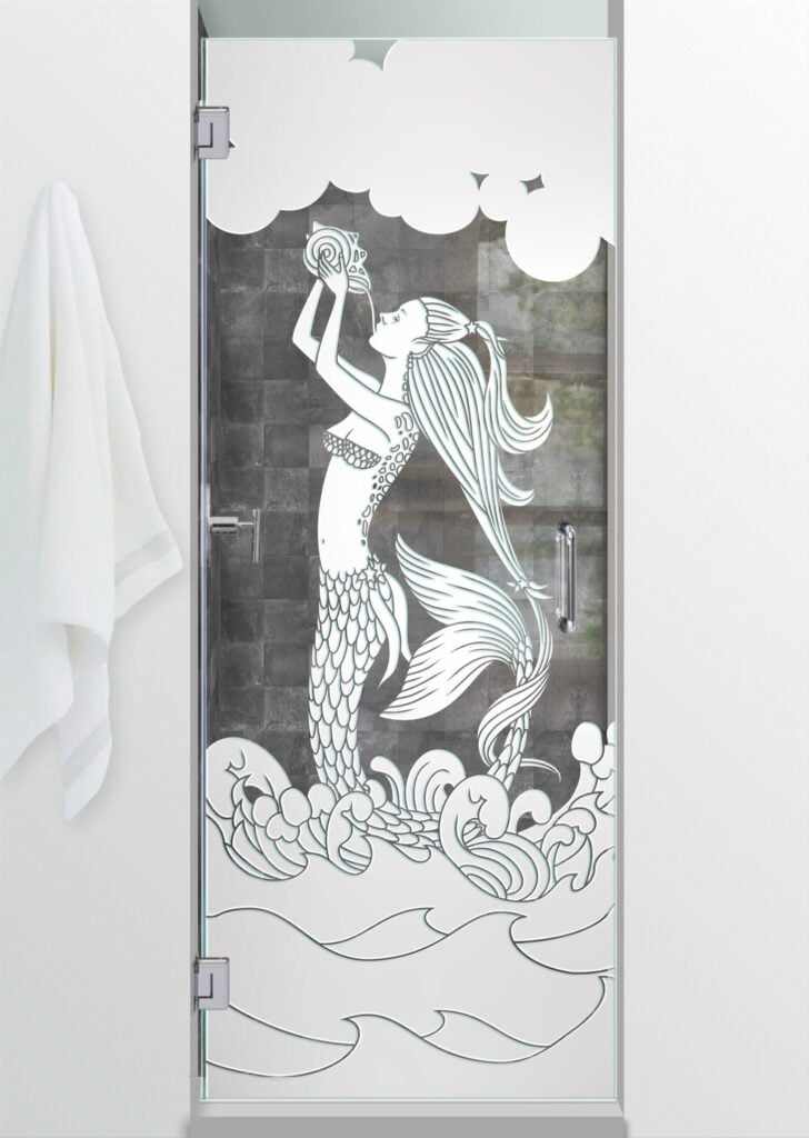Mermaid Not Private 3D Clear Glass Finish frameless glass shower door coastal design oceanic life sans soucie