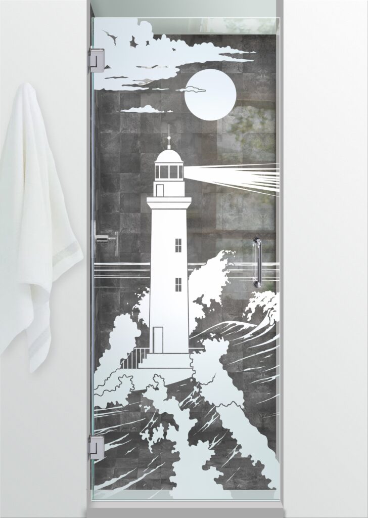 Lighthouse Beaming Not Private 1D Positive Clear Glass Finish glass shower door nautical coastal design sans soucie