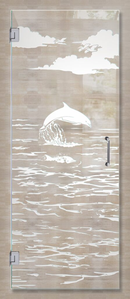 Dolphins in the Shimmer Not Private 
3D Clear Glass Finish glass frameless shower door coastal design sans soucie