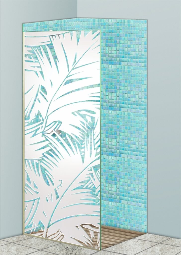 Fronds Not Private 3D Clear Glass Finish glass shower panel door tropical coastal design sans soucie