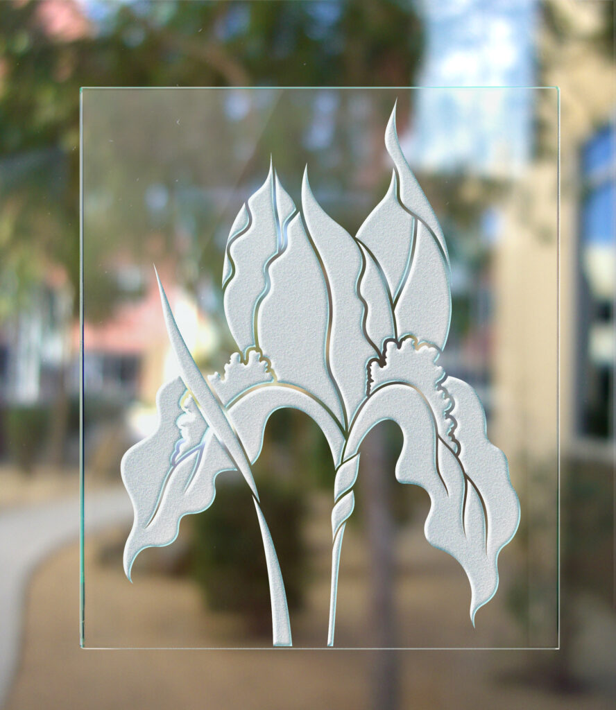3D solid carved glass effect iris on clear glass finish background
