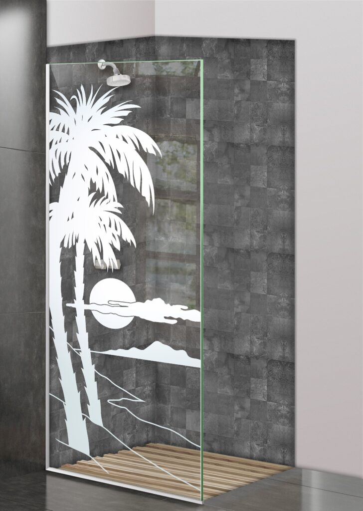 Palm Sunset 1D Positive Clear Glass Finish $1,050 glass shower panel divider Sans Soucie 