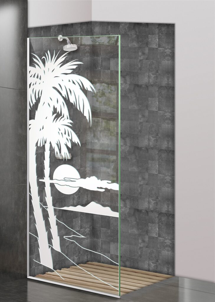 Palm Sunset 3D Clear Glass Finish $1,400 glass shower panel divider Sans Soucie