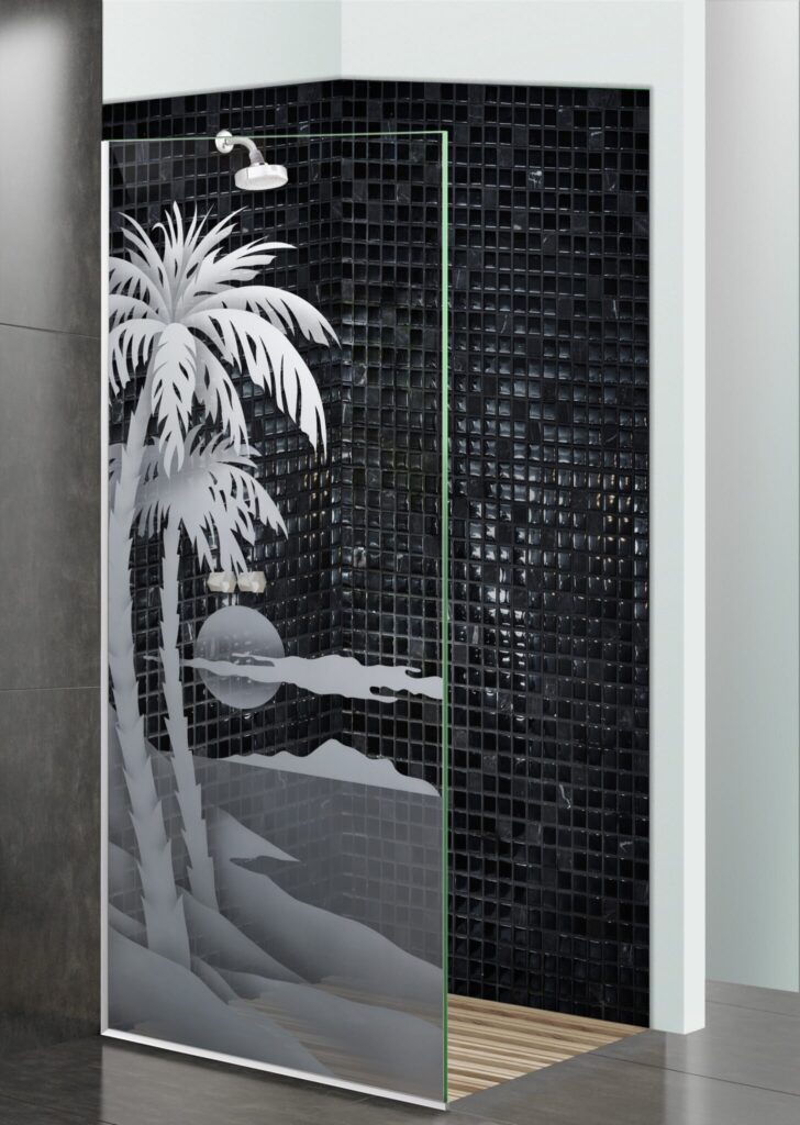 Palm Sunset 2D Clear Glass Finish $1,700 glass shower panel divider Sans Soucie