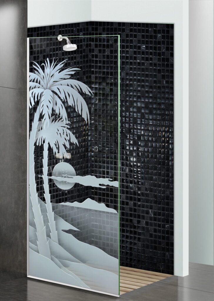 Palm Sunset 3D Enhanced Clear Glass Finish $2,400 glass shower panel divider Sans Soucie