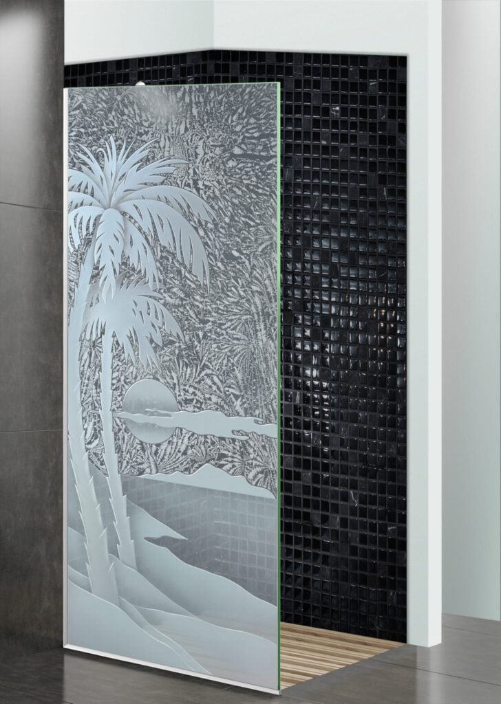 Palm Sunset 3D Enhanced Gluechip Glass Finish $3,000 glass shower panel divider Sans Soucie