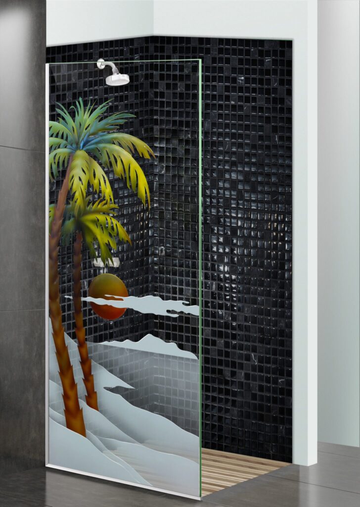 Palm Sunset 3D Enhanced Painted Clear Glass Finish $3,800 glass shower panel divider Sans Soucie