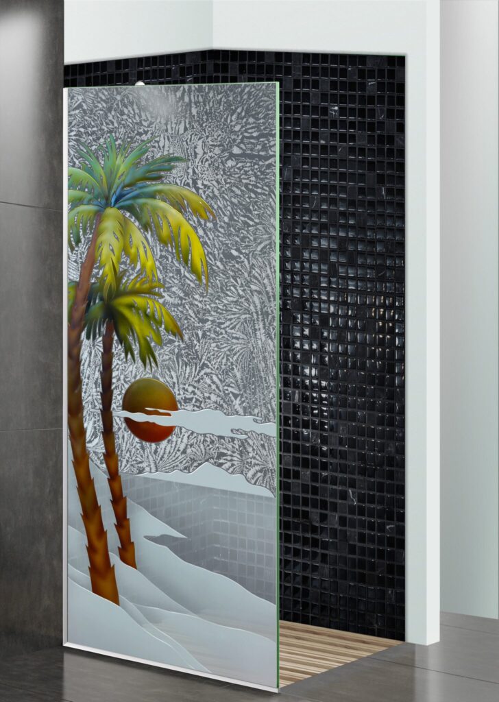 Palm Sunset 3D Enhanced Painted Gluechip Glass Finish $4,400 glass shower panel divider Sans Soucie