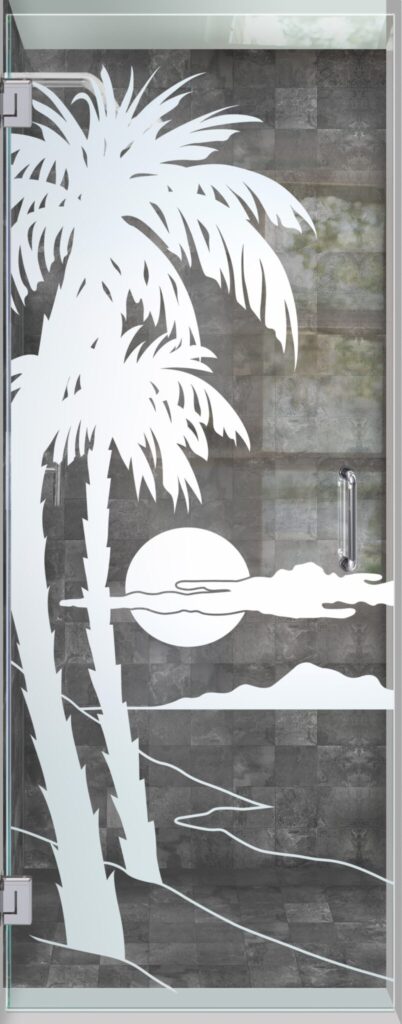 Palm Sunset Glass Shower Door 1D Positive Clear Glass Finish $1,470 Sans Soucie 