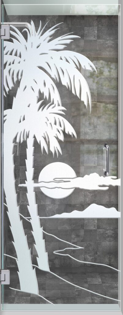 Palm Sunset Glass Shower Door 3D Clear Glass Finish $1,830 Sans Soucie 