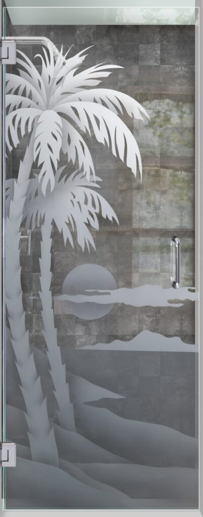 Palm Sunset Glass Shower Door 2D Positive Clear Glass Finish $2,025 Sans Soucie 