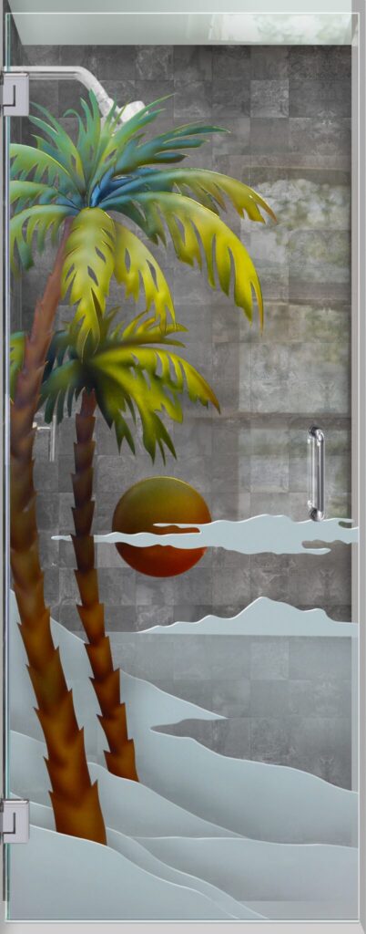 Palm Sunset Glass Shower Door 3D Enhanced Painted Clear Glass Finish $3,830 Sans Soucie 