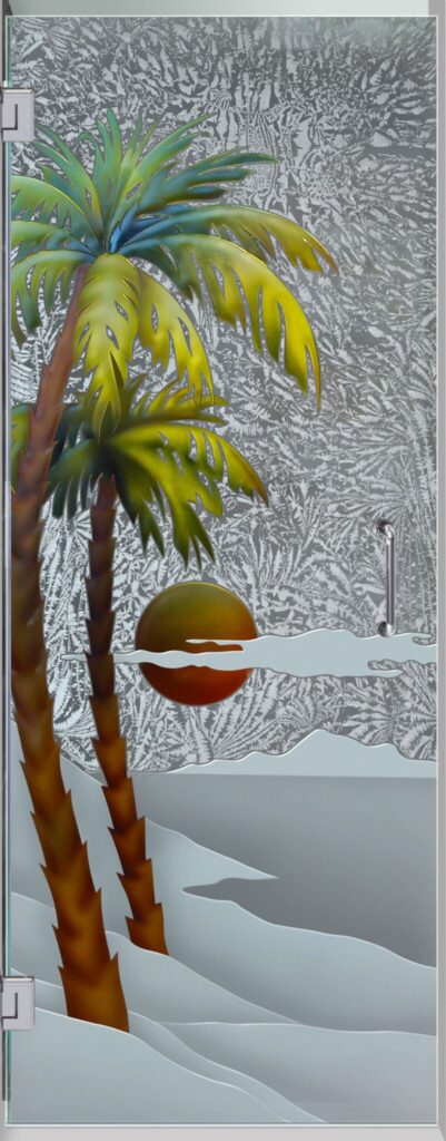 Palm Sunset Glass Shower Door 3D Enhanced Painted Gluechip Glass Finish $4,490 Sans Soucie 