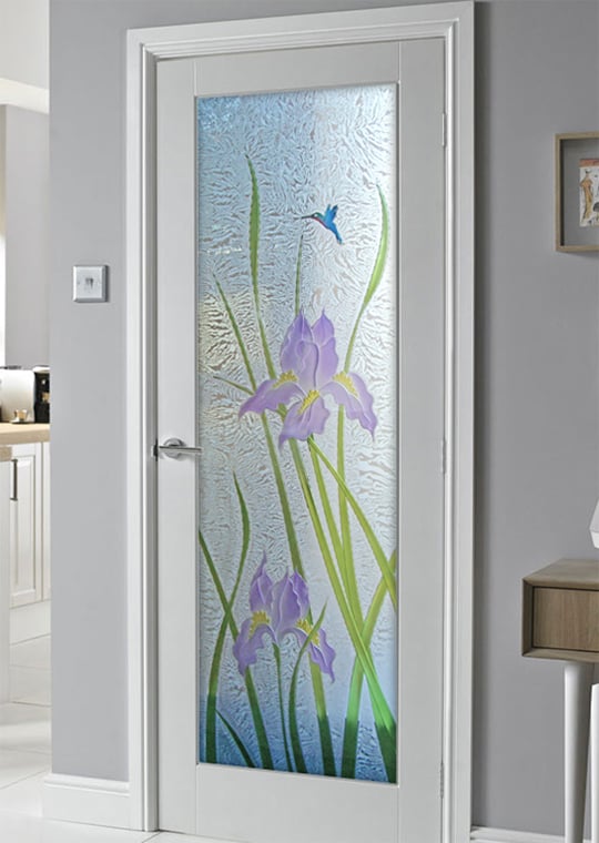 Iris Hummingbird Semi-Private 3D Enhanced Painted Gluechip Glass Finish Glass Pantry Doors Glass Interior Door Sans Soucie 