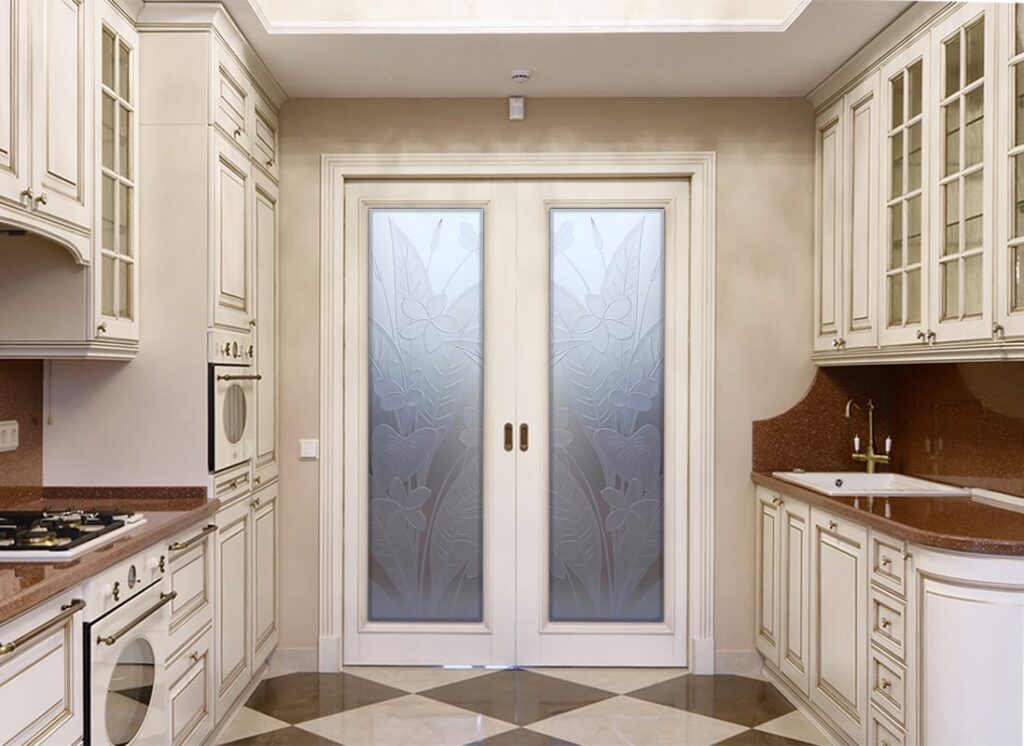 Plumeria Private 3D Enhanced 
Frosted Glass Finish Glass Pantry Double Doors Interior Doors Sans Soucie 