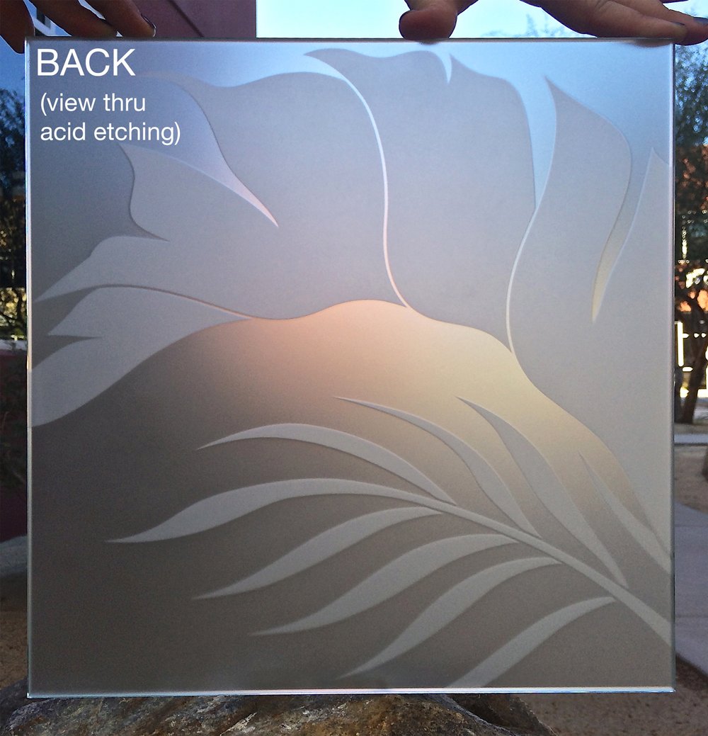 Decorative frosted glass panel back view with floral design, showing textured acid etched surface with enhanced privacy effect