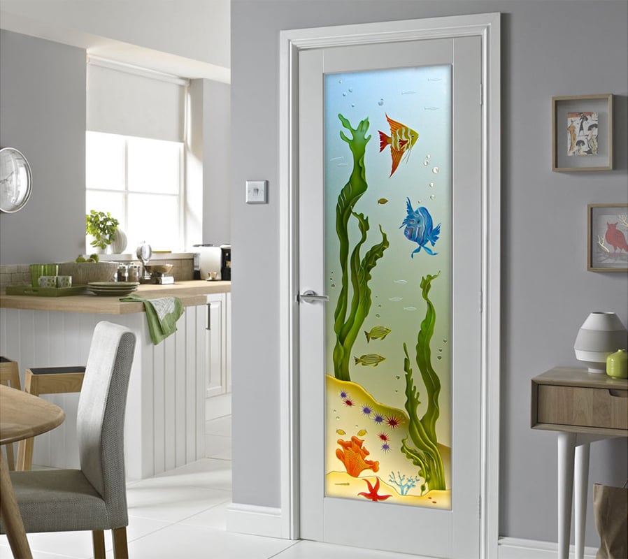Coastal Design Aquarium Fish Private 3D Enhanced Painted Frosted Glass Finish Frosted Glass Pantry Doors Sans Soucie 