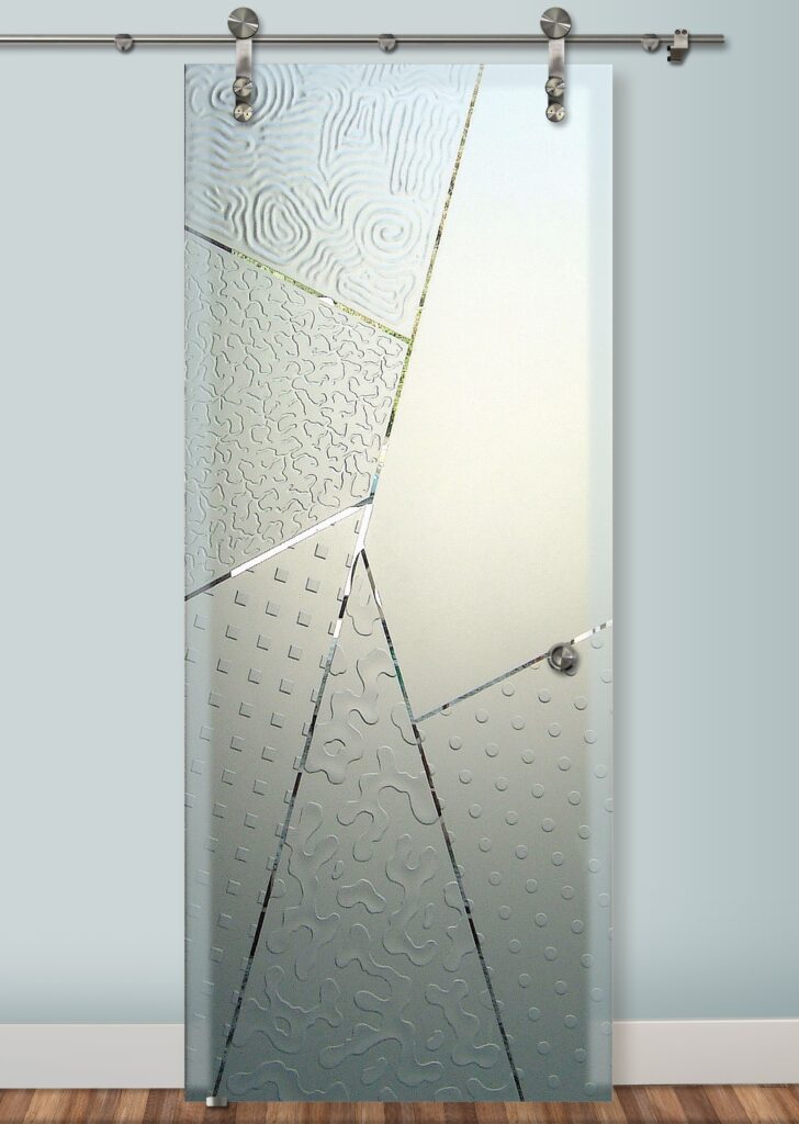 Scandinavian Minimalism Matrix Angles Semi-Private 3D Enhanced Negative Frosted Glass Finish Sliding Glass Barn Doors Sans Soucie 