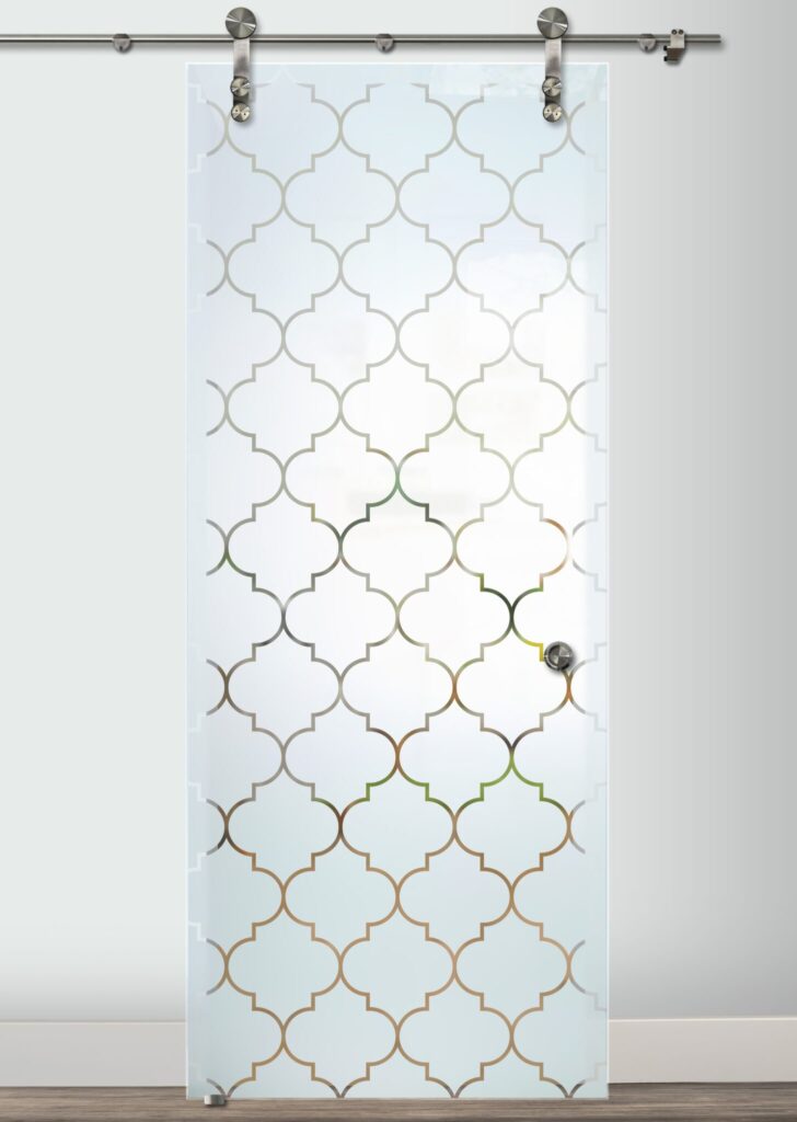 Bohemian Design Ogee Semi-Private 
1D Negative Frosted Glass Finish Sliding Glass Barn Doors Sans Soucie 