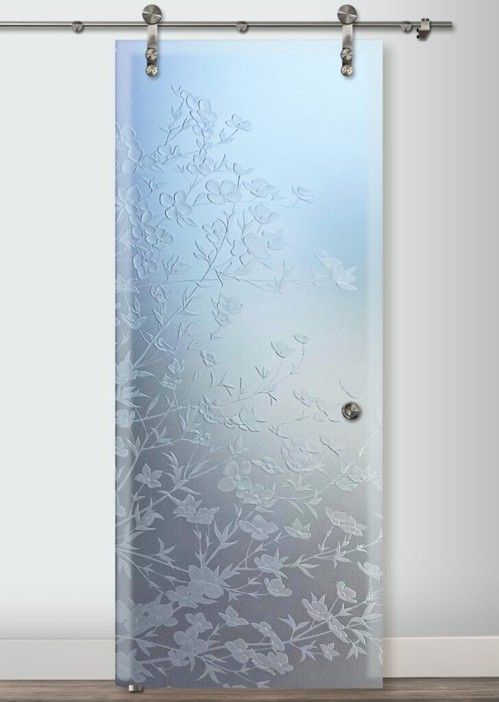 Farmhouse Design Apple Blossom
 Private 3D Enhanced Frosted Glass
 Finish Sliding Glass Barn Doors Sans Soucie 