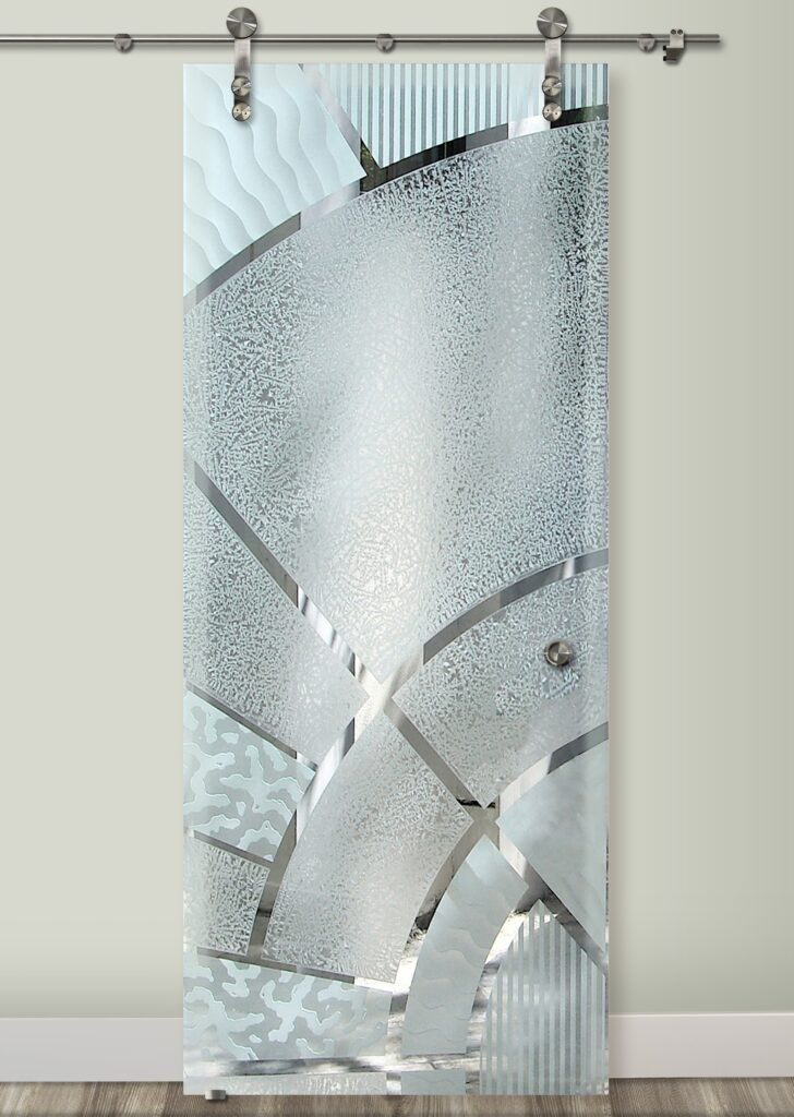 Art Deco Design Matrix Arcs Semi-Private 3D Enhanced GlueChip Clear Glass Finish Sliding Glass Barn Doors Sans Soucie 