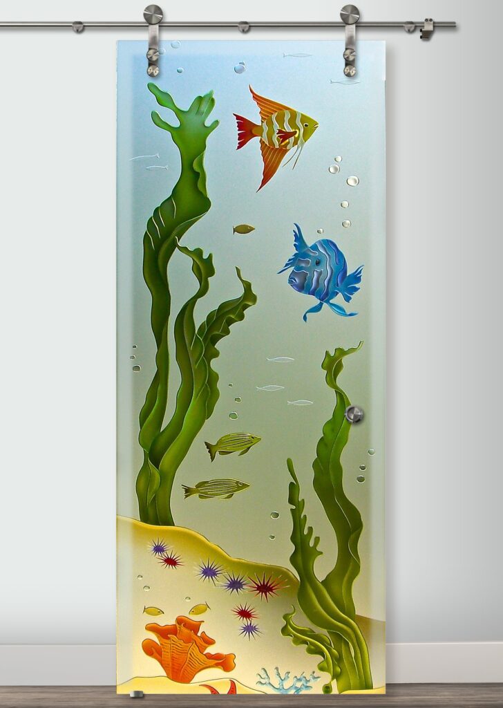 Modern Coastal Design Aquarium Fish Private 3D Enhanced Painted Frosted Glass Finish Sliding Glass Barn Doors Sans Soucie 