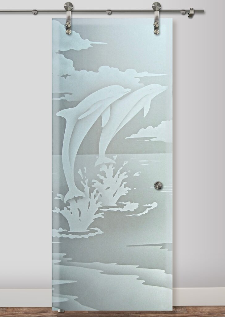 Modern Coastal Design Dolphins Leaping Private 2D Frosted Glass Finish Sliding Glass Barn Doors Sans Soucie 