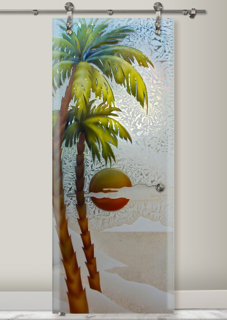 palm sunset 3DE painted GlueChip frosted glass barn door sliding glass barn door coastal tropical style Sans Soucie 