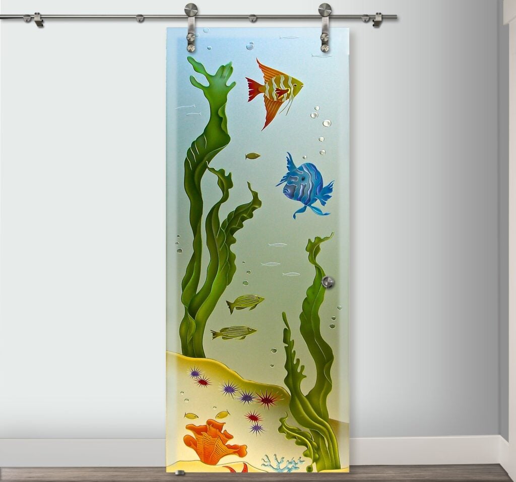 oceanic fish design sliding glass barn door Aquarium Fish Private 3D Enhanced Painted Frosted Glass Finish sans soucie 
