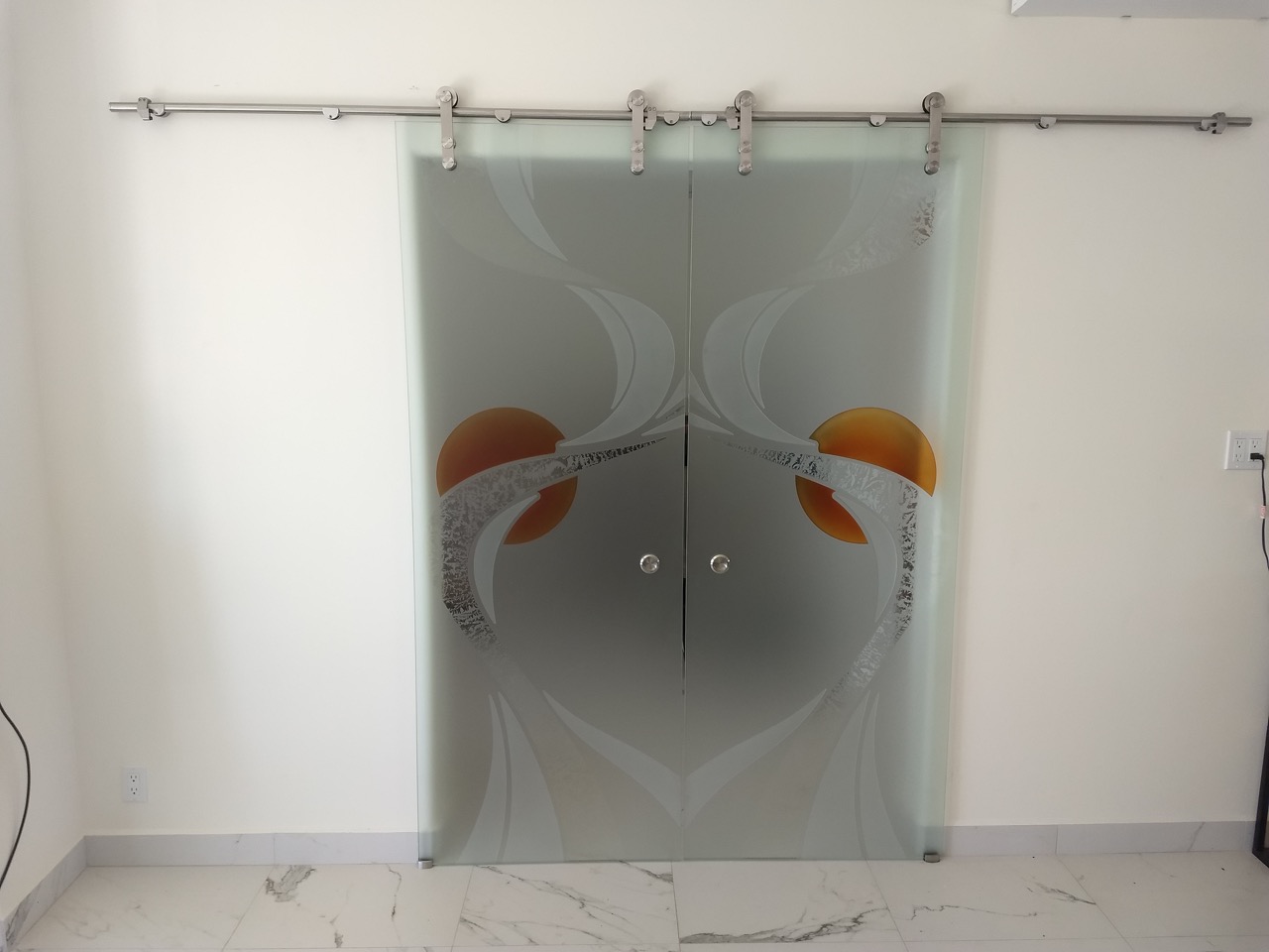 Glass Barn Doors Interior Frosted Sliding Glass Barn Door Ribbons & Moon Copper Design Private 3D Painted Frosted Glass Modern Abstract Design by Sans Soucie