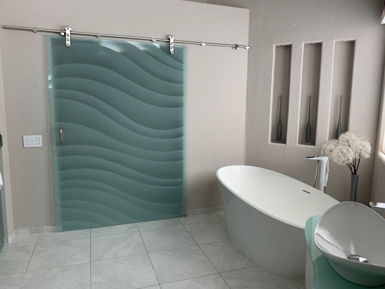 Modern barn style door with frosted glass design and pattern